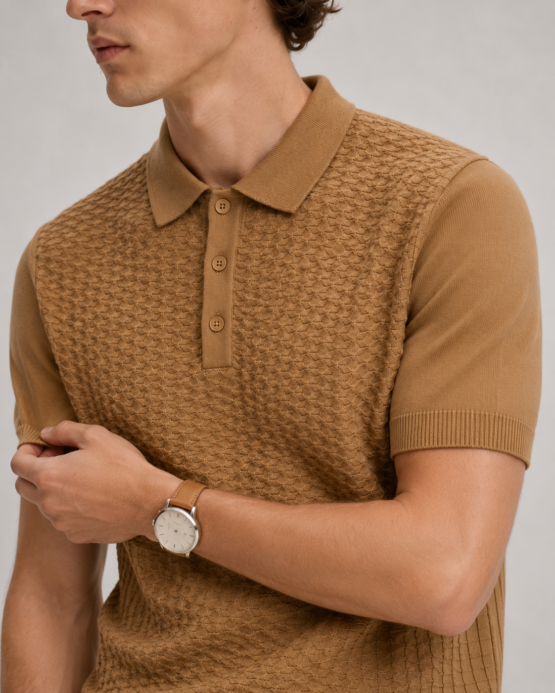 TILE Knit Polo in Camel — detail