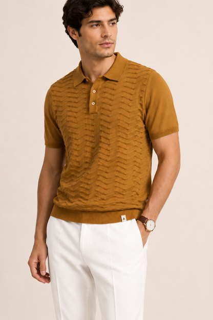 FERN Knit Polo in Camel — front