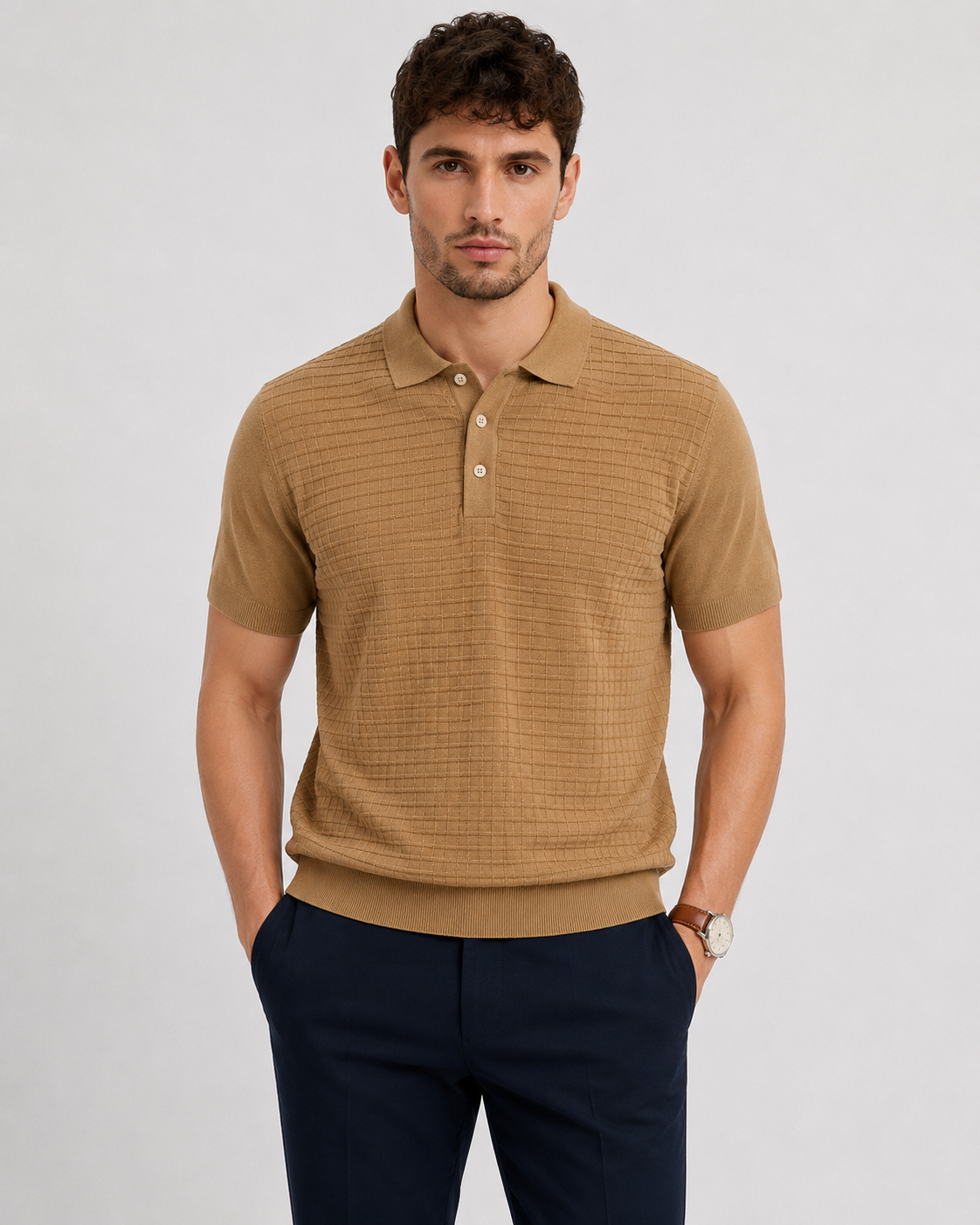 GRID Knit Polo in Camel — on model