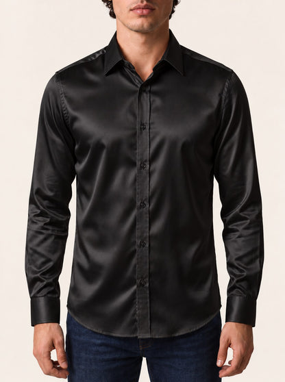CANCER shirt in onyx black cotton sateen, with a point collar, narrow placket and cream buttons