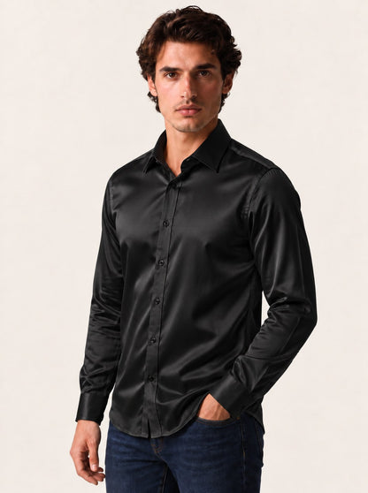 CANCER Satin-Cotton Shirt — Onyx Black, front view
