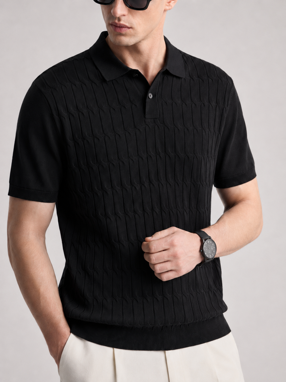 CANE Knit Polo in Black — detail