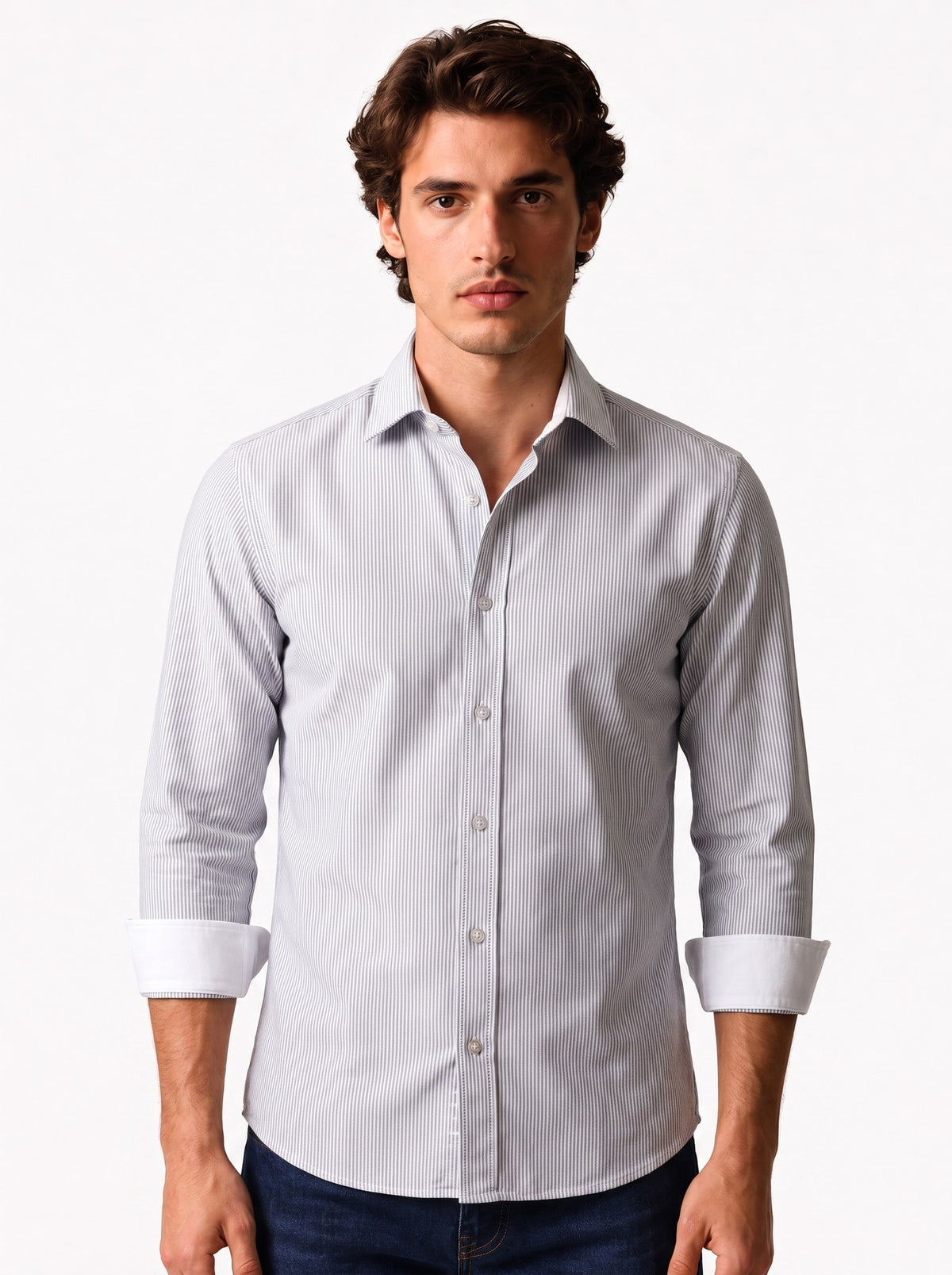 Sunya CAPRICORN cotton shirt in graphite, a fine grey-and-white bengal stripe with a spread semi-cutaway collar and tonal grey buttons.