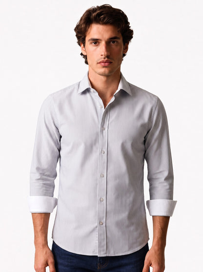 CAPRICORN shirt in a fine grey-and-white bengal stripe with a spread semi-cutaway collar and cream buttons