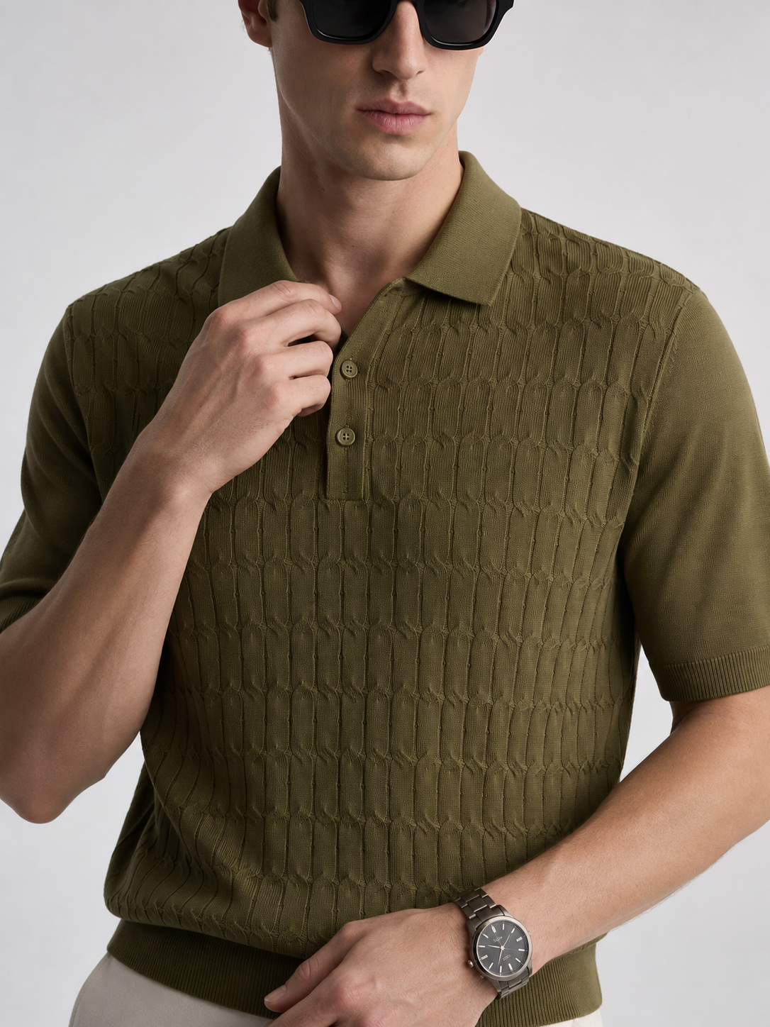 CANE Knit Polo in Olive — detail