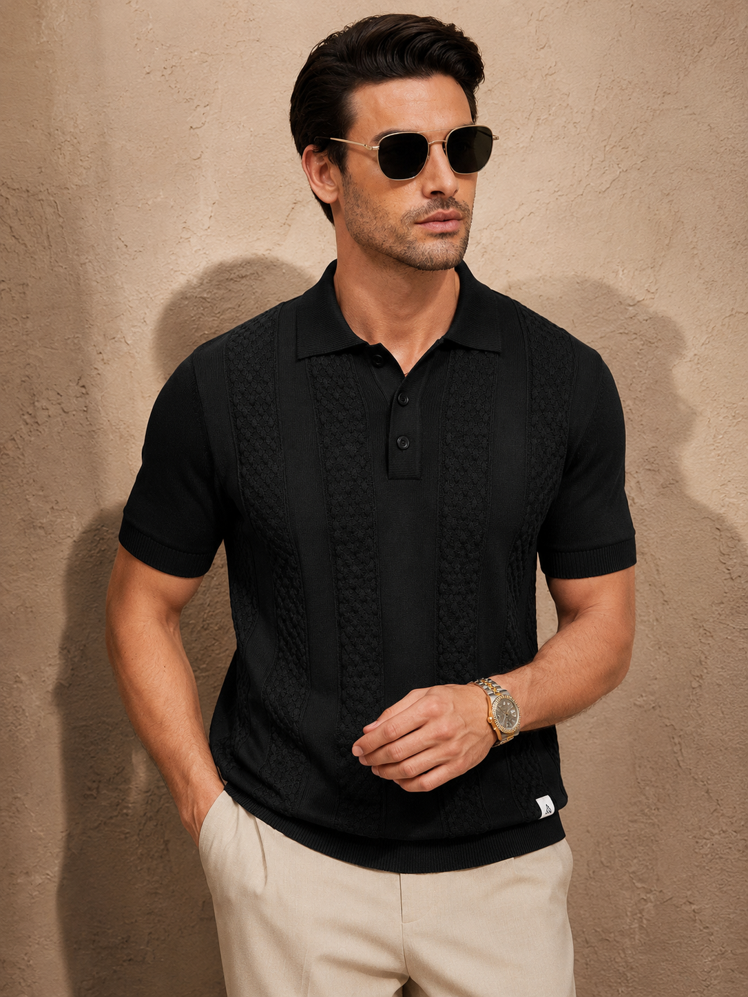 CORD Knit Polo in Black — on model
