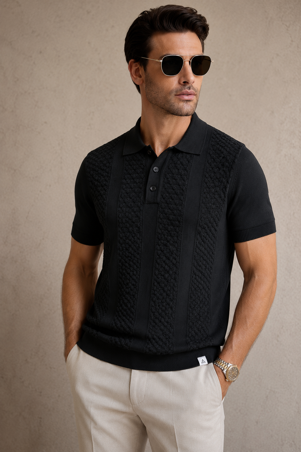 CORD Knit Polo in Black — front