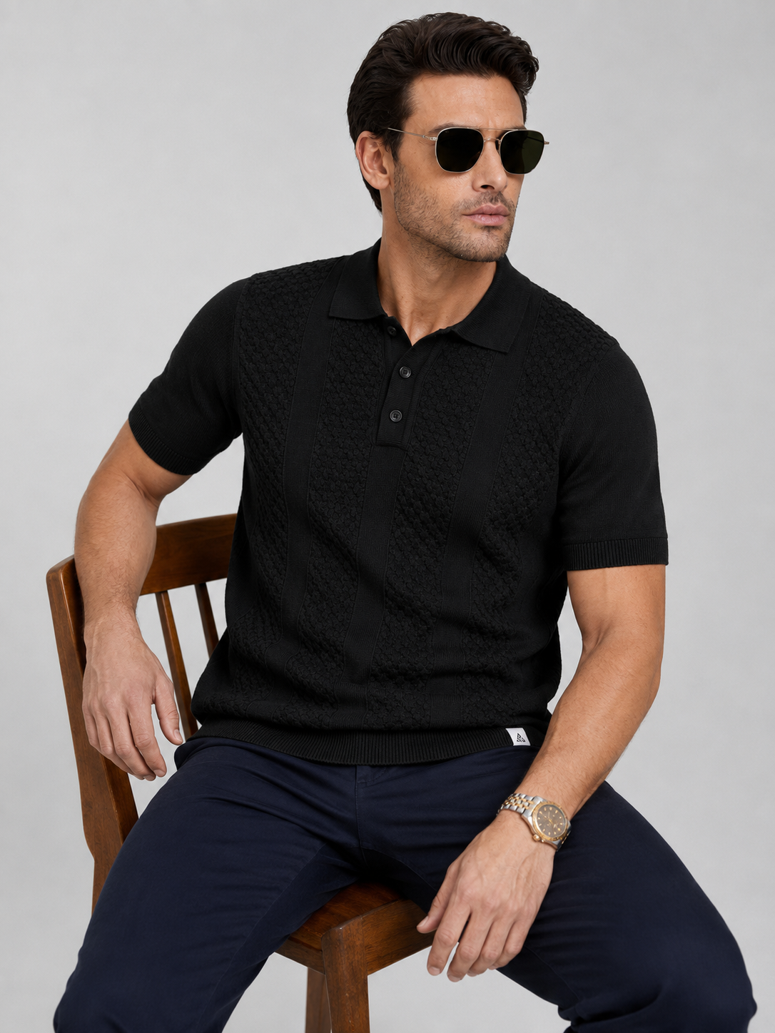CORD Knit Polo in Black — on model