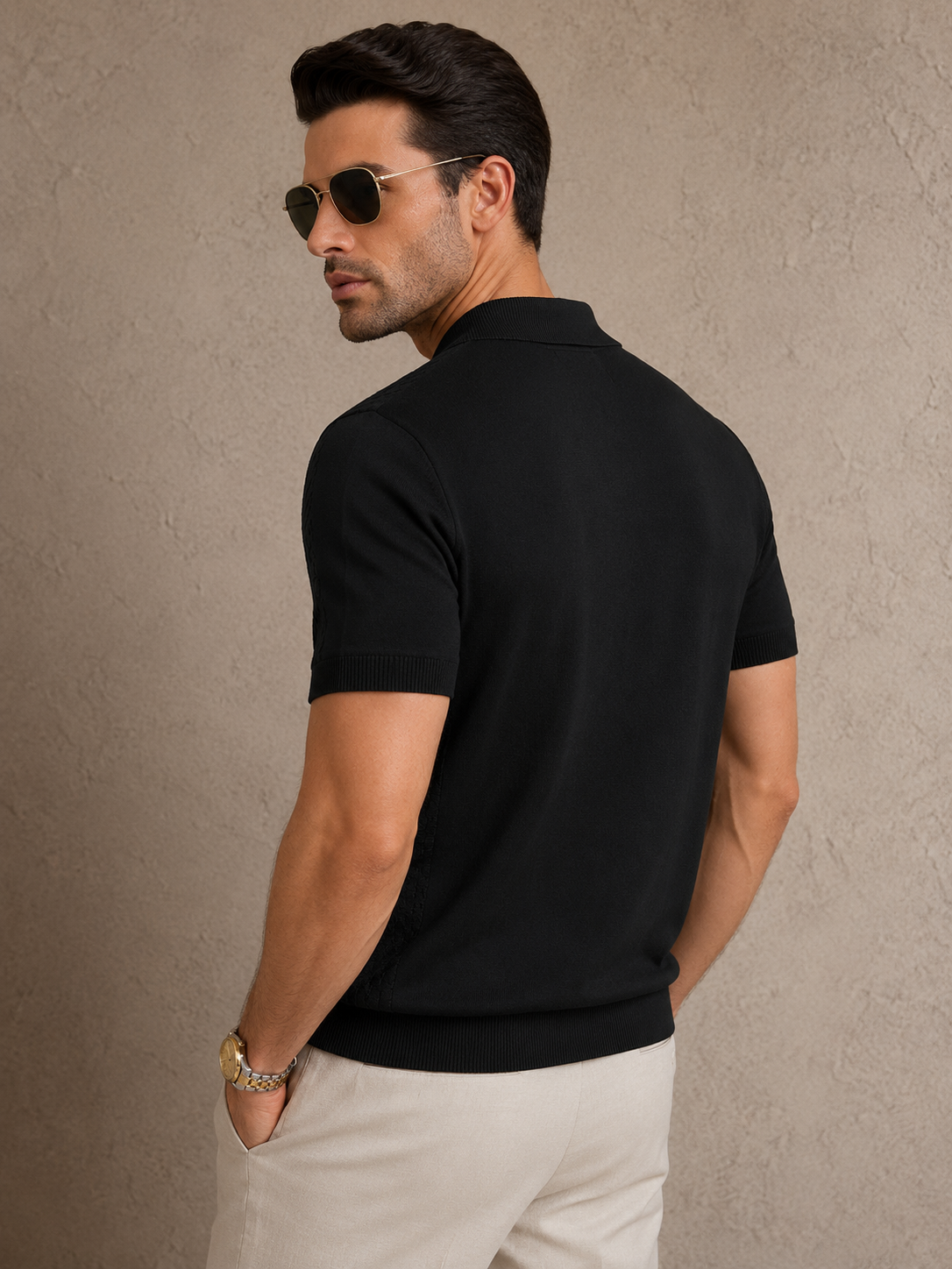 CORD Knit Polo in Black — back