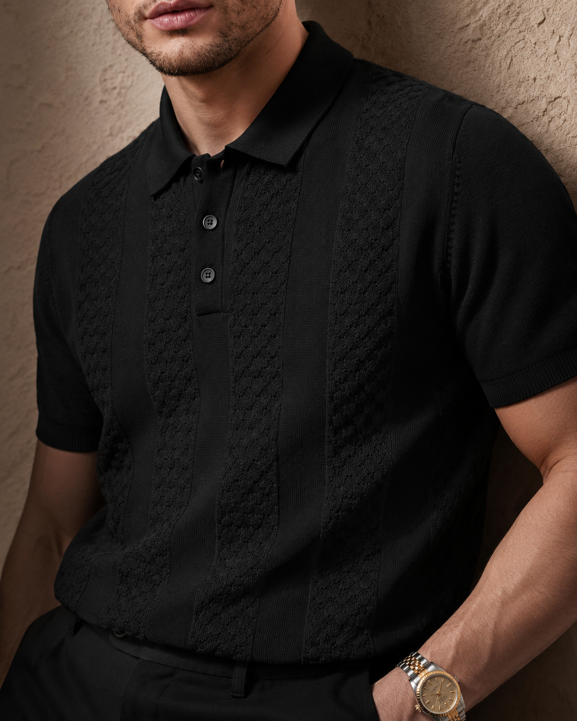 CORD Knit Polo in Black — detail