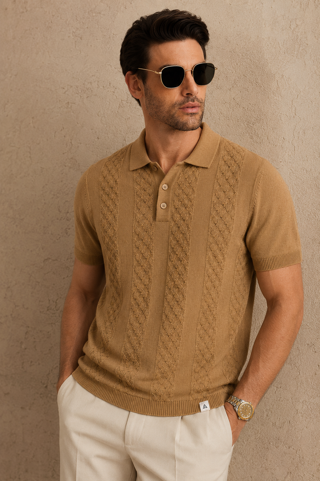 CORD Knit Polo in Camel — front