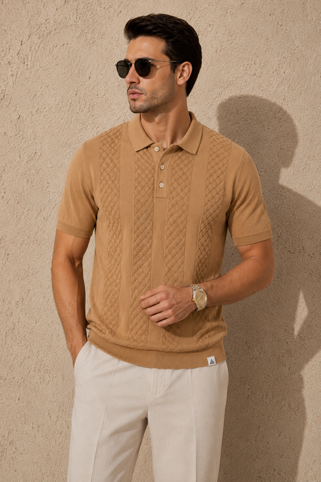 CORD Knit Polo in Camel — on model