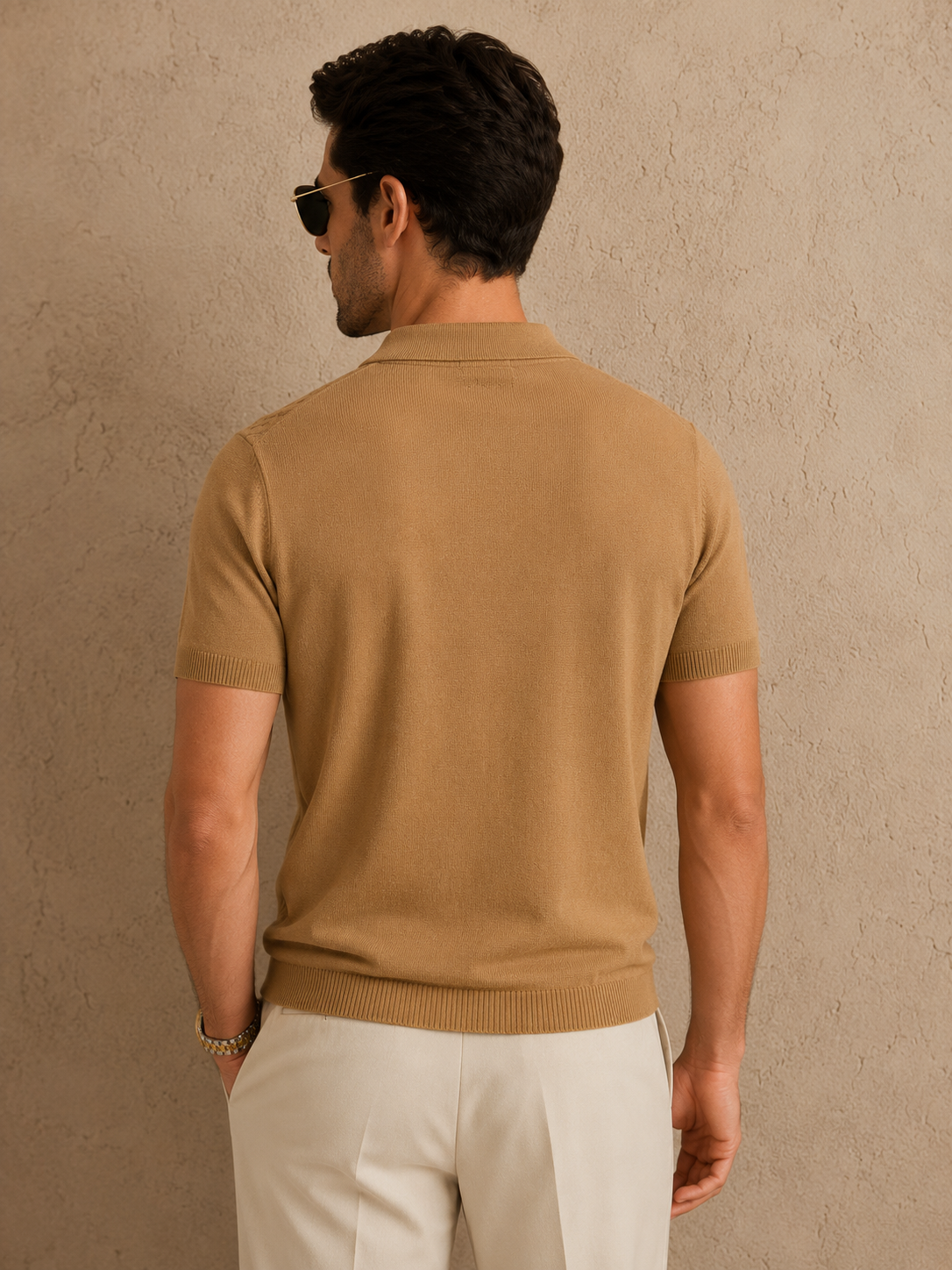 CORD Knit Polo in Camel — back