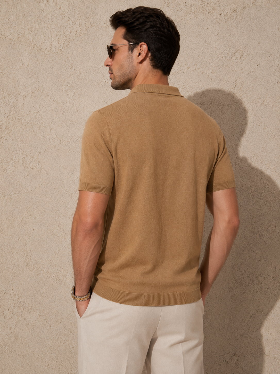 CORD Knit Polo in Camel — back