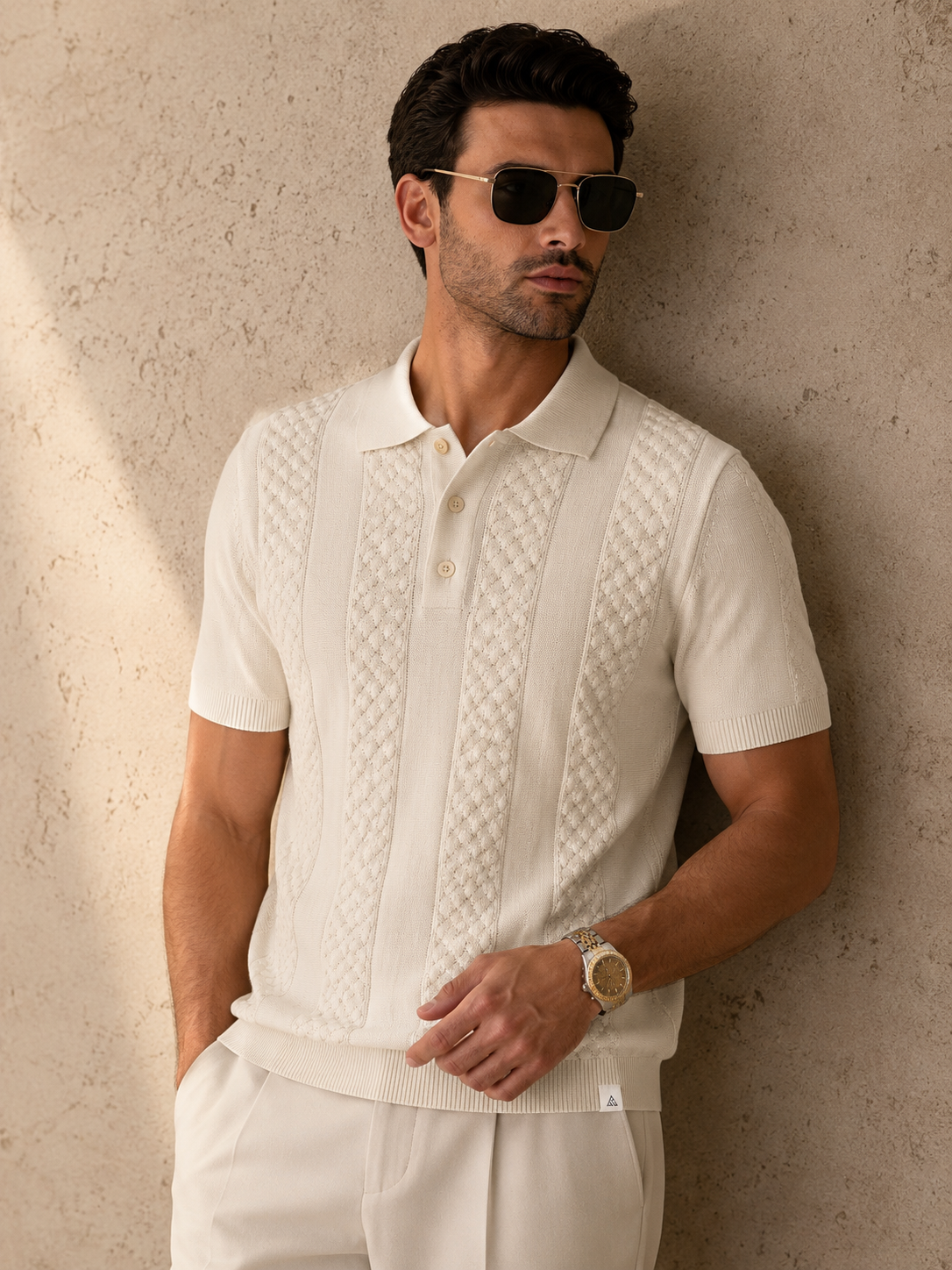 CORD Knit Polo in Cream — on model