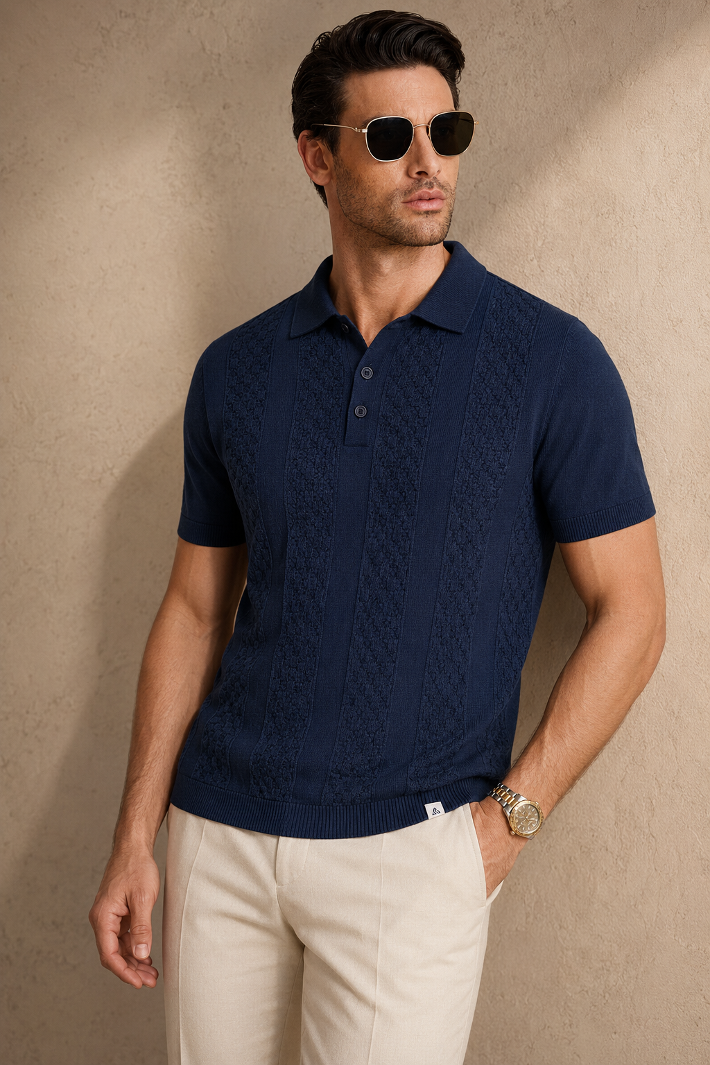 CORD Knit Polo in Navy — on model
