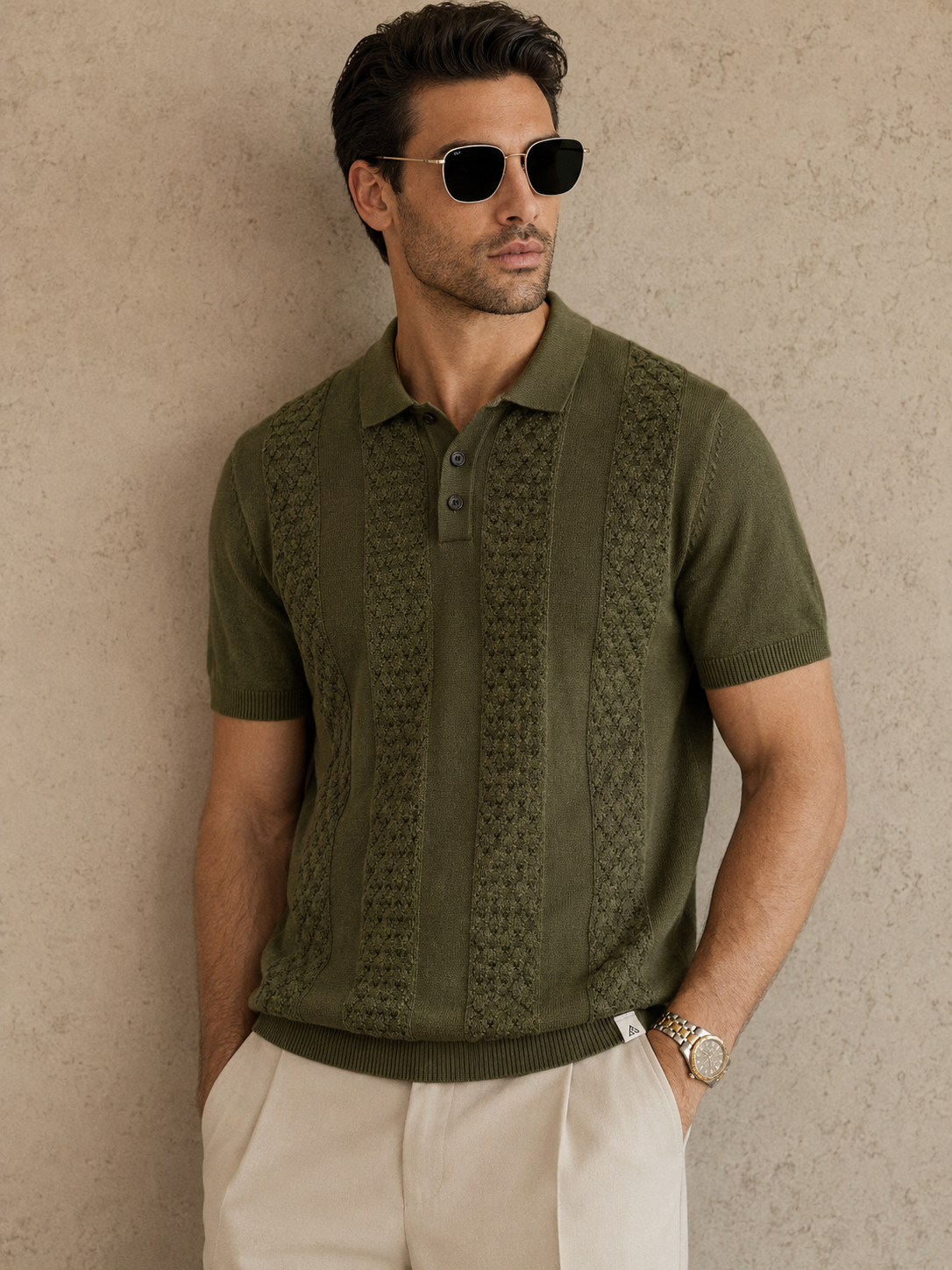 CORD Knit Polo in Olive — on model