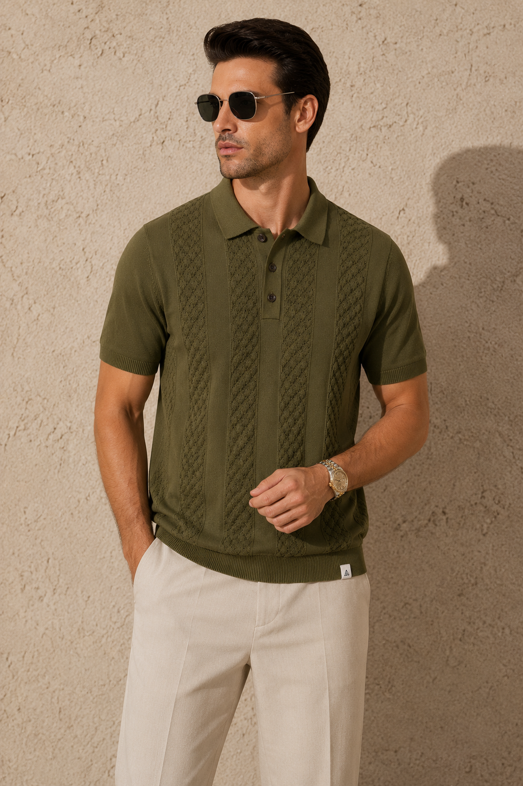 CORD Knit Polo in Olive — on model