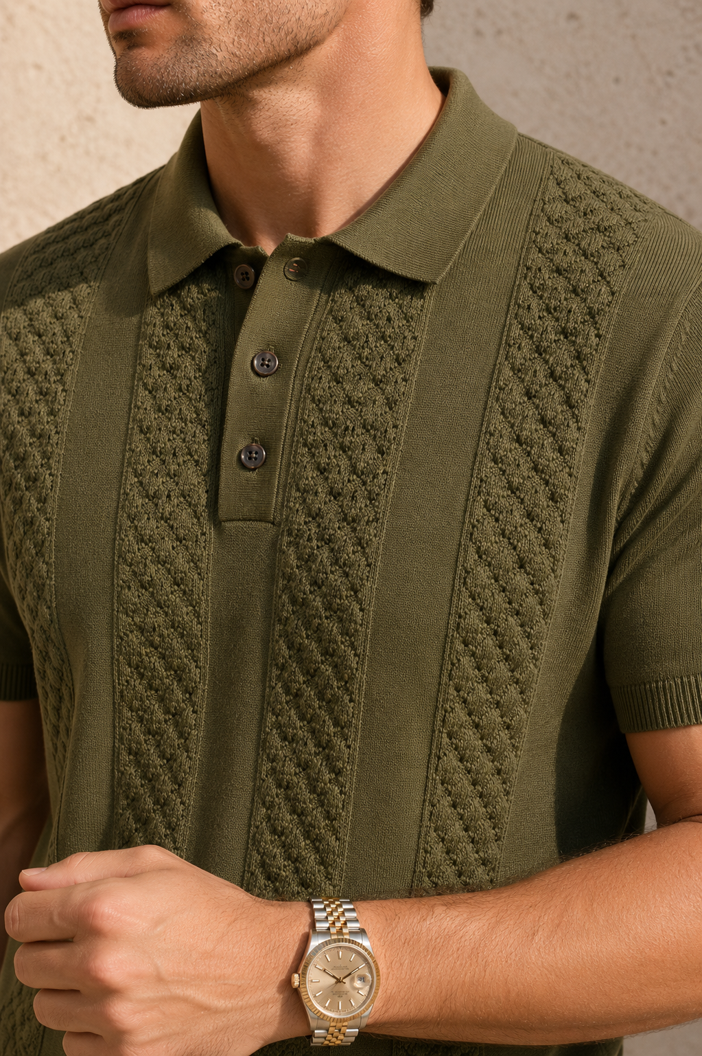 CORD knit polo in olive — close crop of the collar, placket and textured front panels