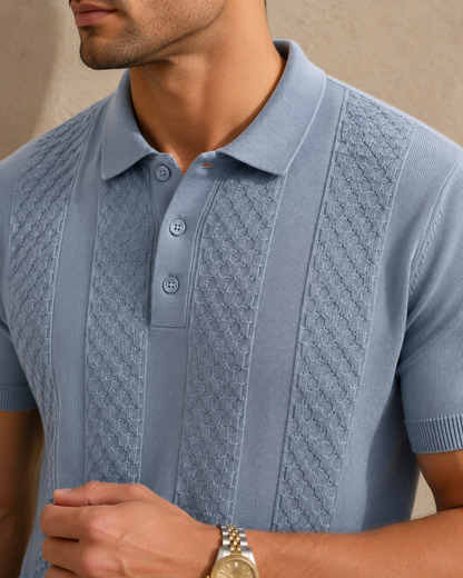 CORD knit polo in slate — close crop of the collar, buttoned placket and ribbed cuff