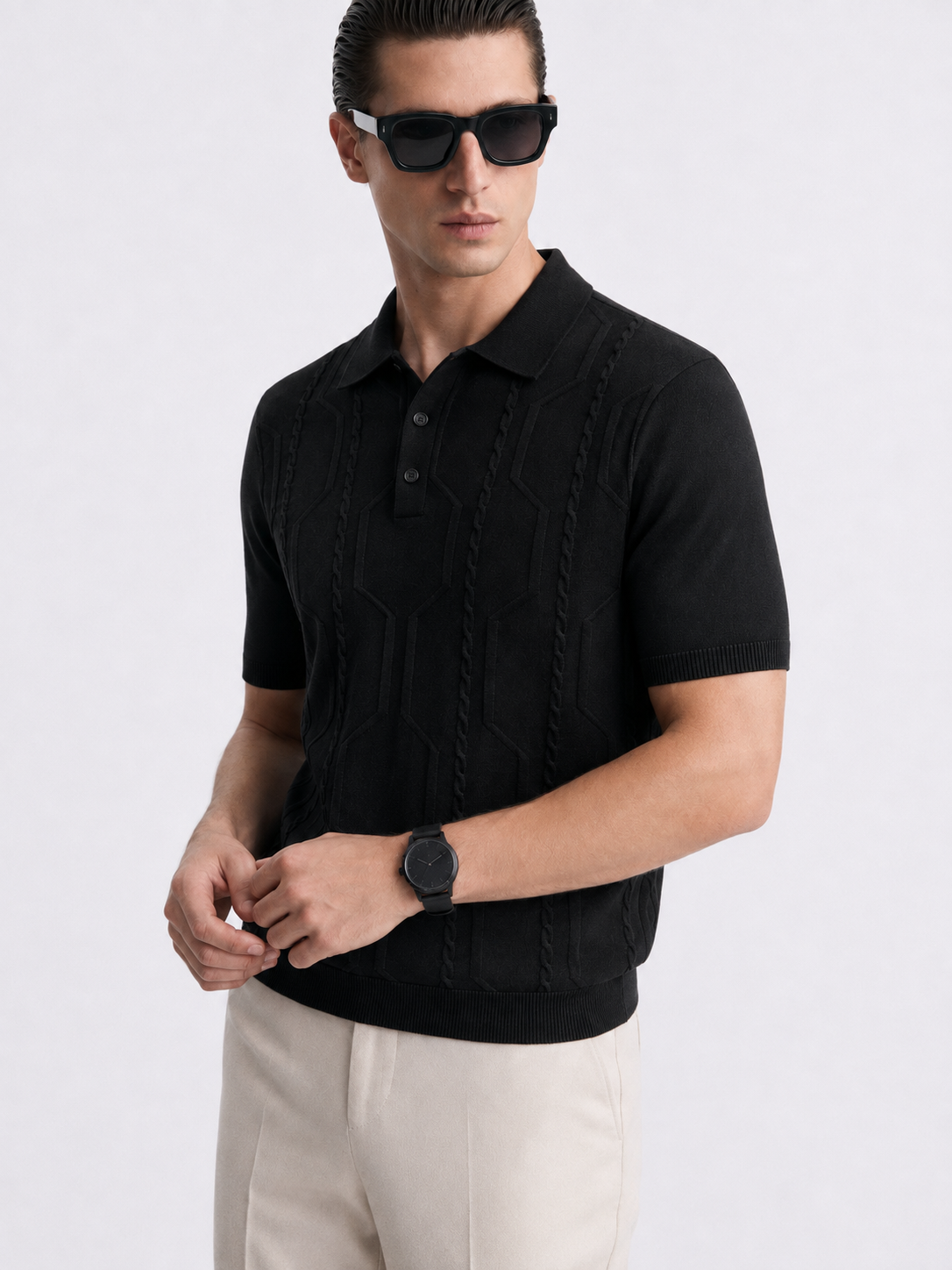 VANE Knit Polo in Black — on model
