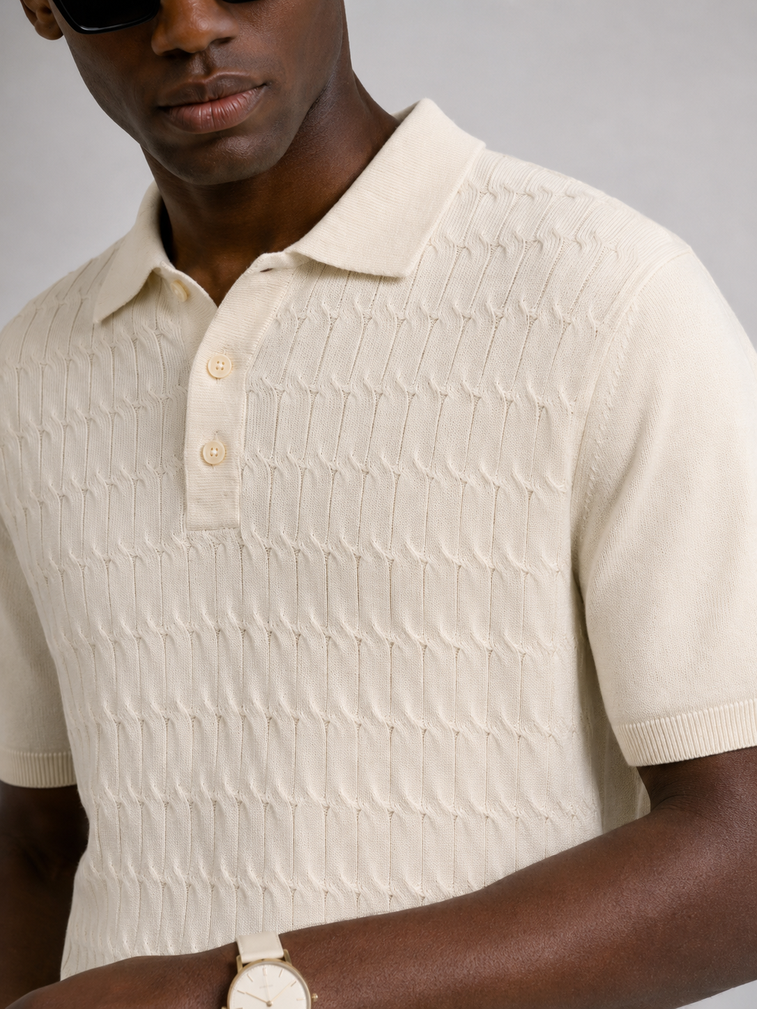 CANE Knit Polo in Cream — detail