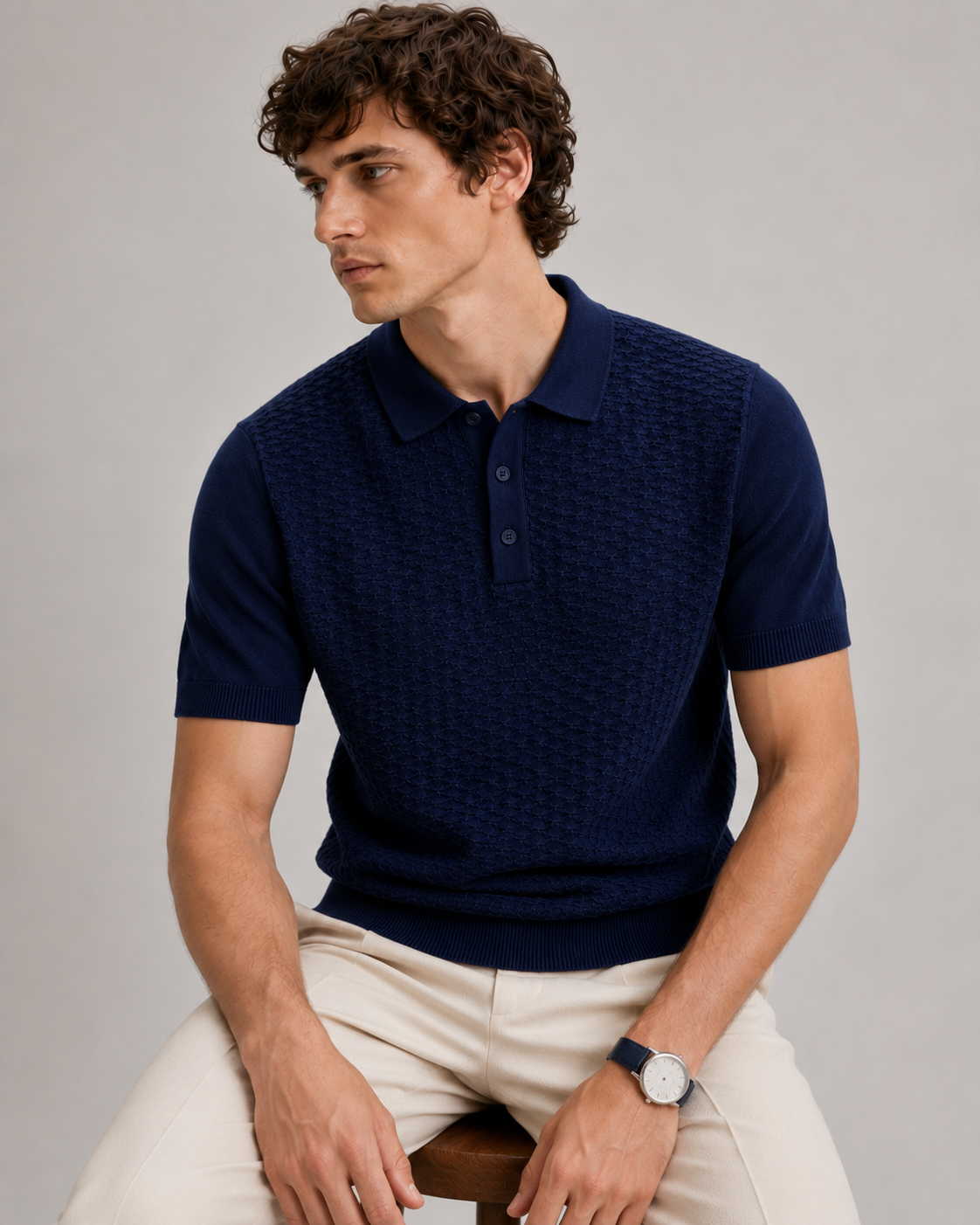 TILE Knit Polo in Navy — on model