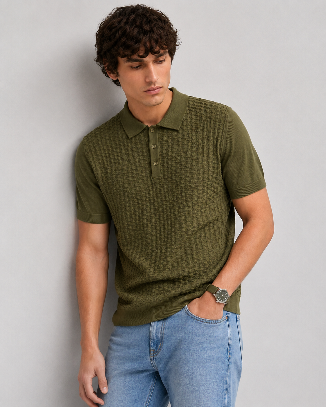 TILE Knit Polo in Olive — on model