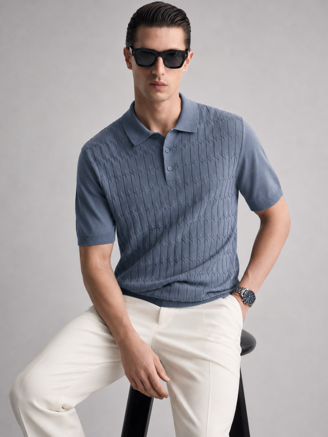 CANE Knit Polo in Slate — on model