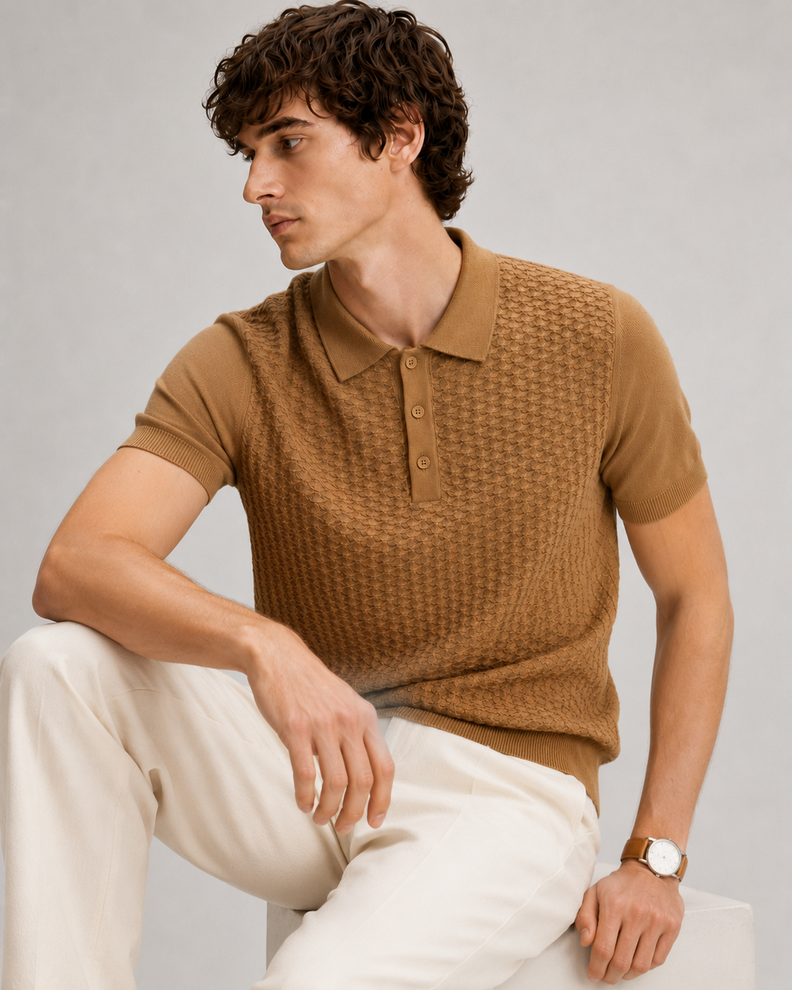TILE Knit Polo in Camel — on model