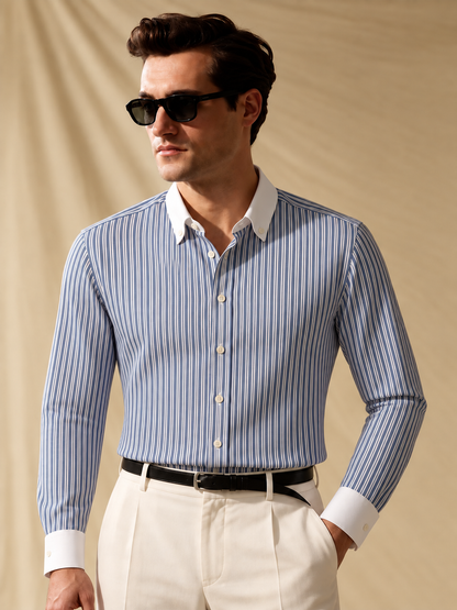 GEMINI blue and white striped shirt with a fine tan line, solid white button-down collar and white cuffs