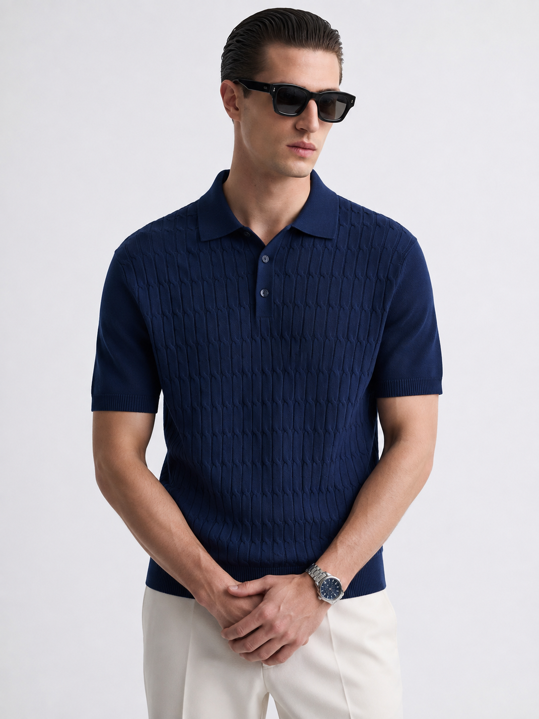 CANE Knit Polo in Navy — front