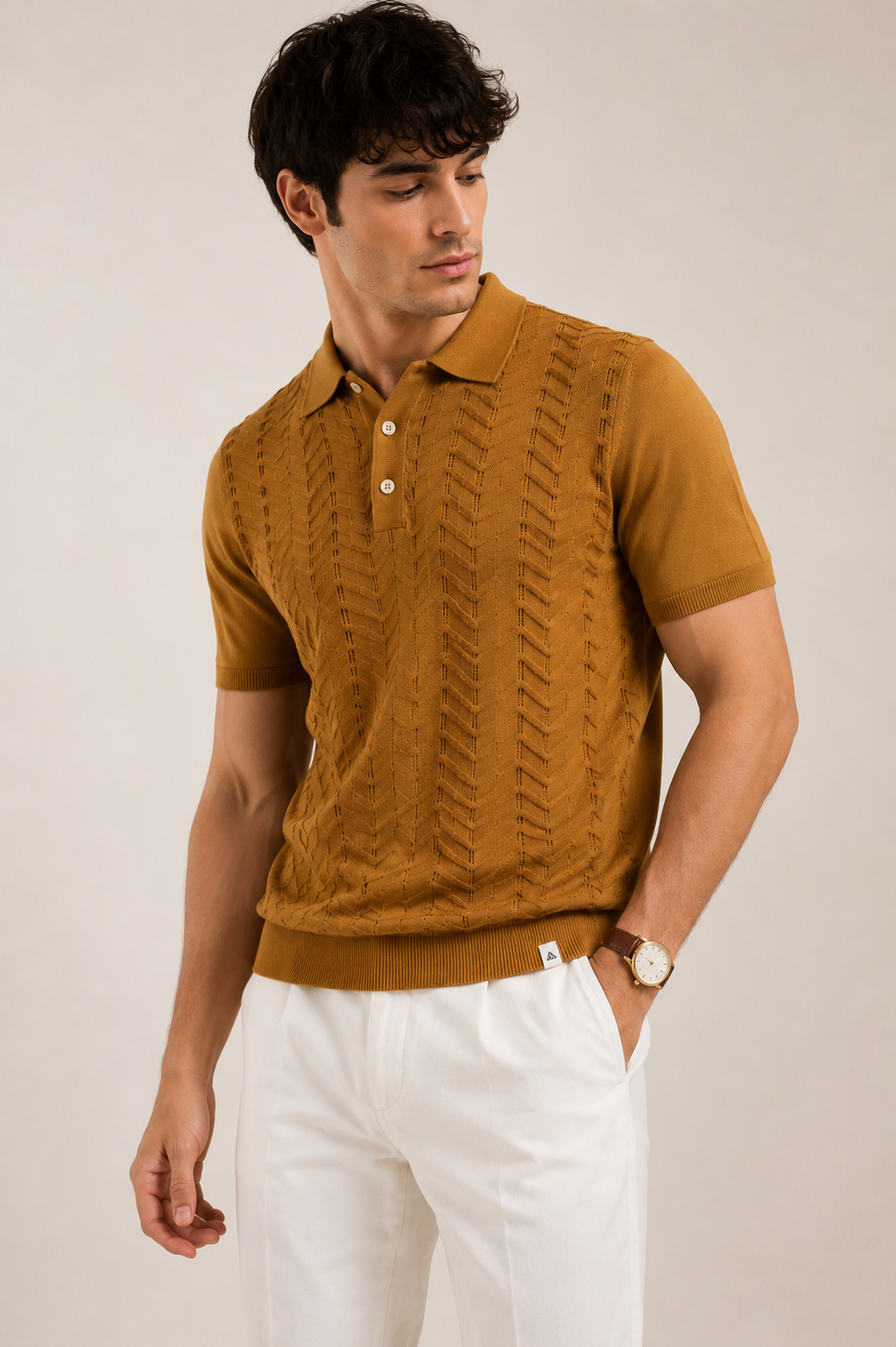 FERN Knit Polo in Camel — on model