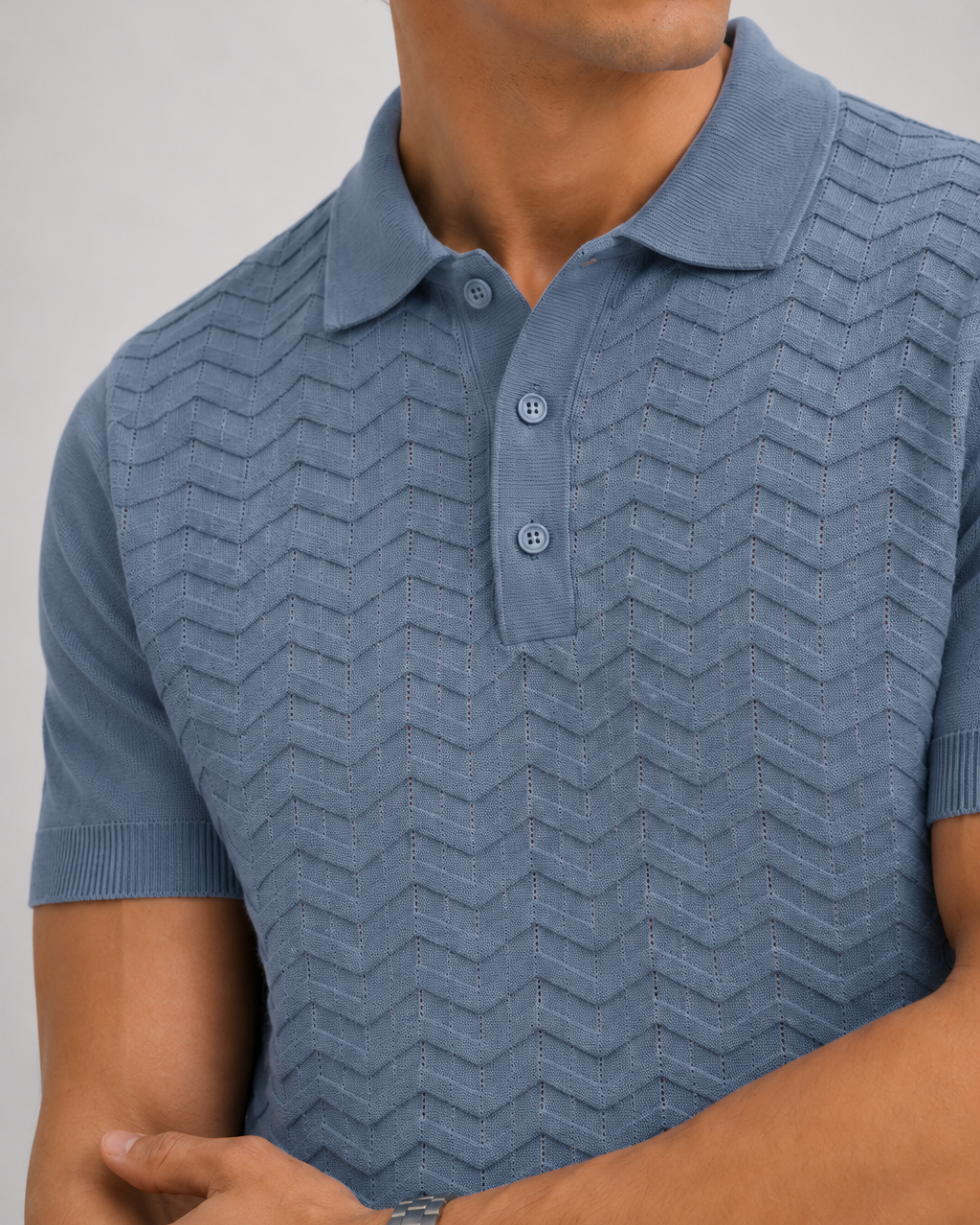 FERN Knit Polo in Slate — detail