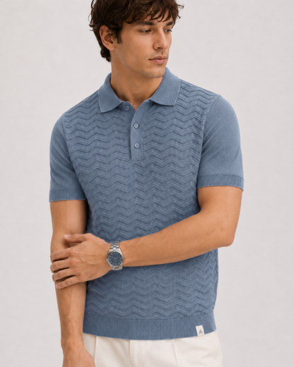 FERN Knit Polo in Slate — on model