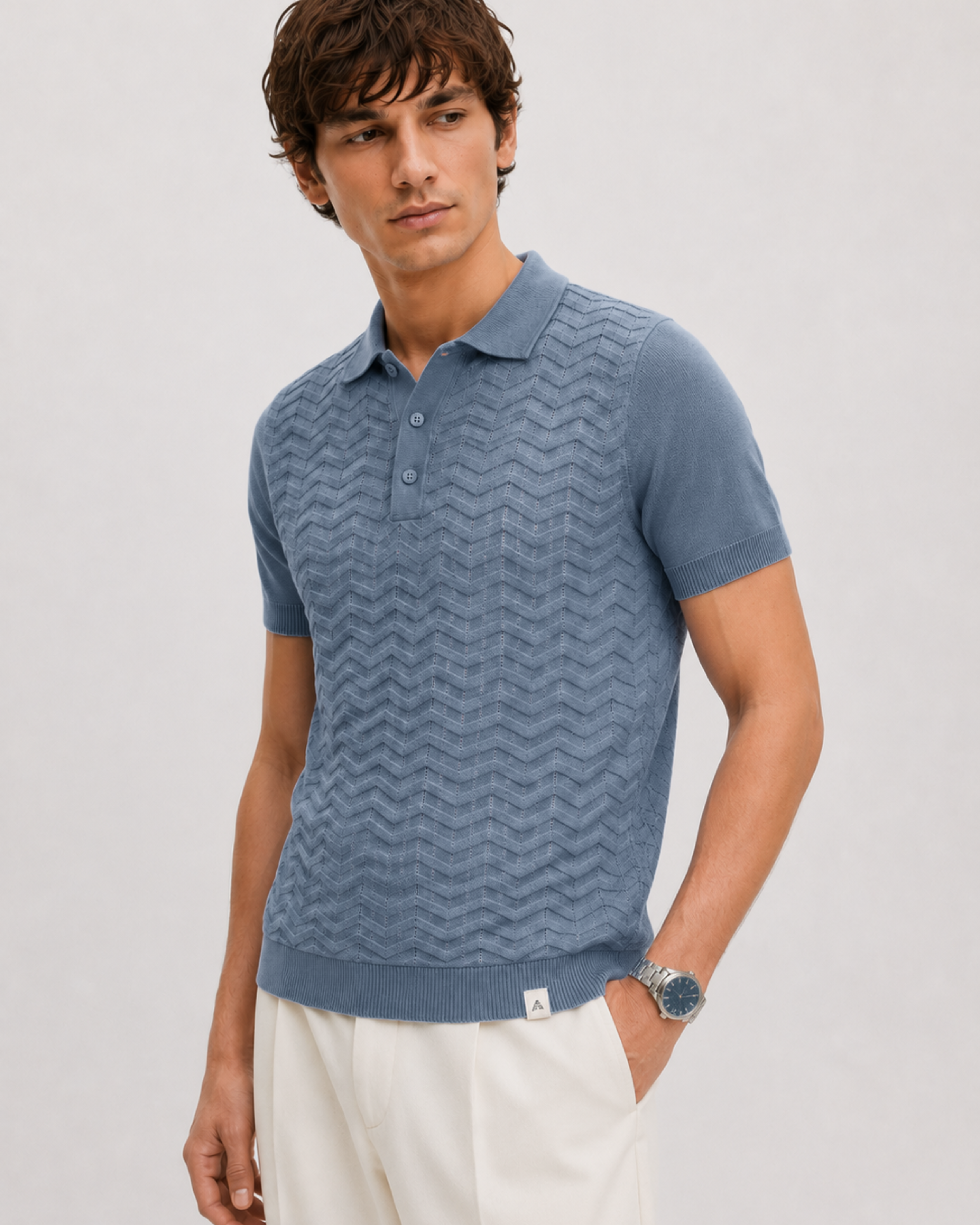 FERN Knit Polo in Slate — on model
