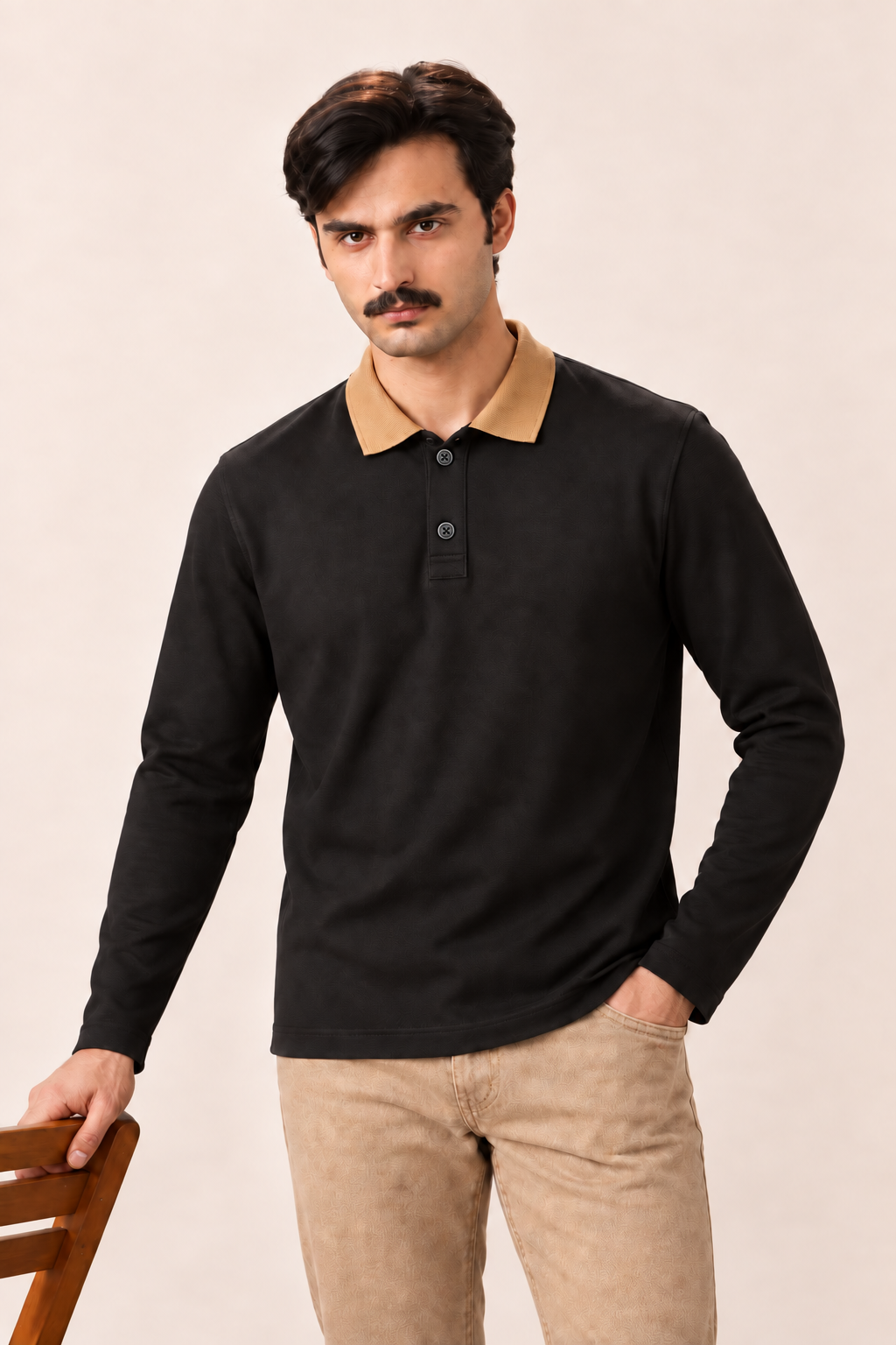 Full Sleeve Oxford Polo in Black — front