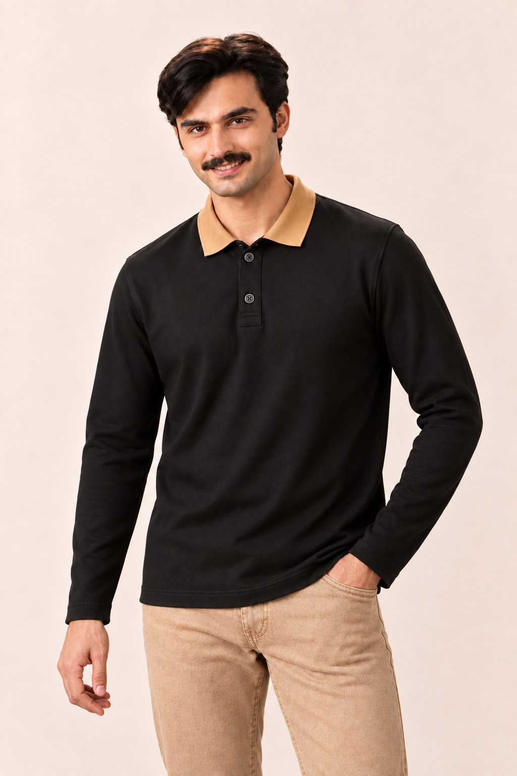 Full Sleeve Oxford Polo in Black — on model