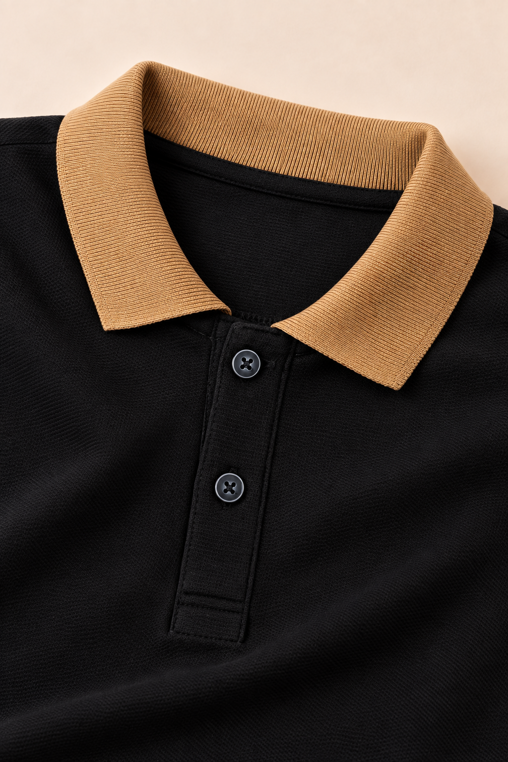 Full Sleeve Oxford Polo in Black — camel collar and placket detail