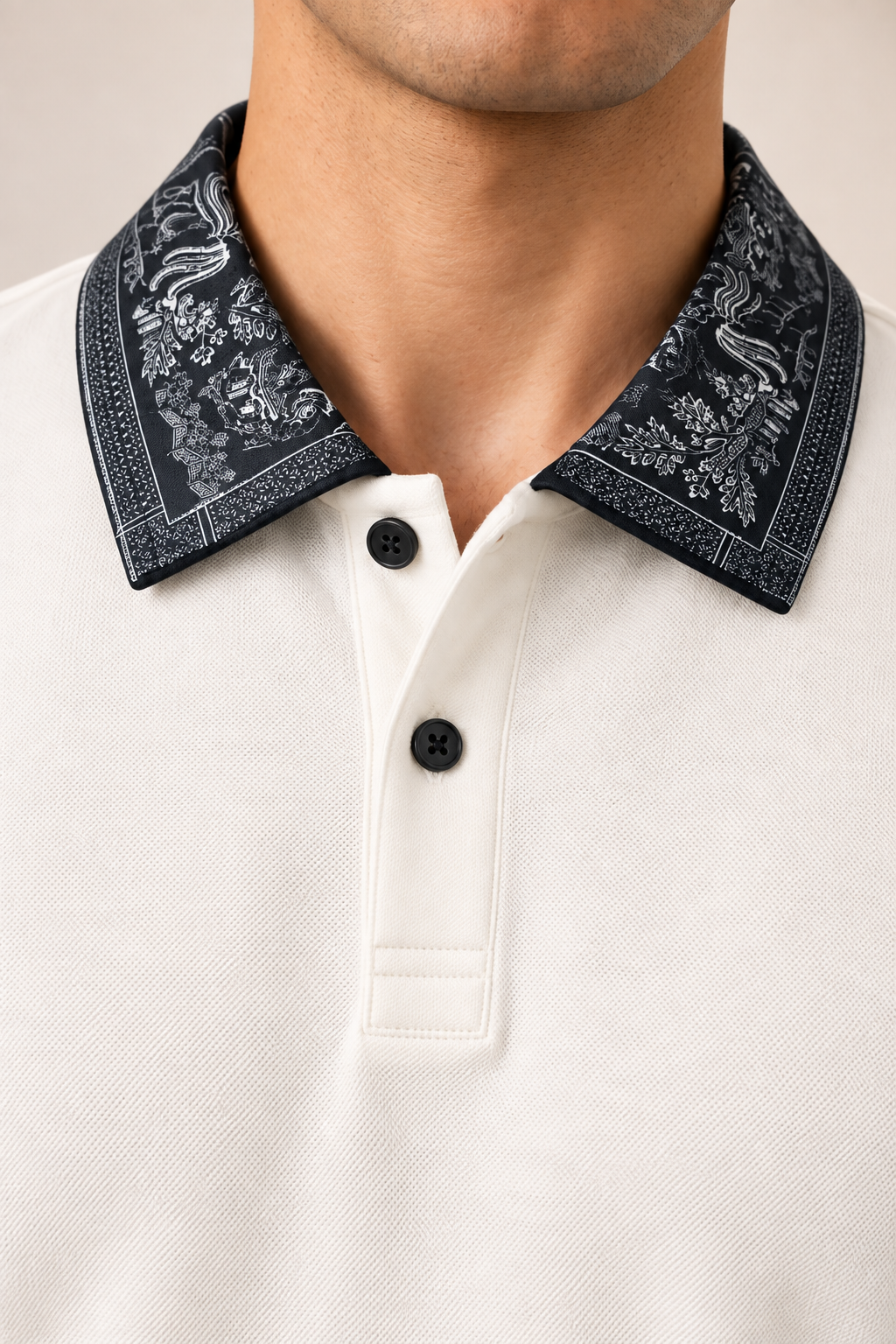 Full Sleeve Oxford Polo in Cream — printed collar and placket detail