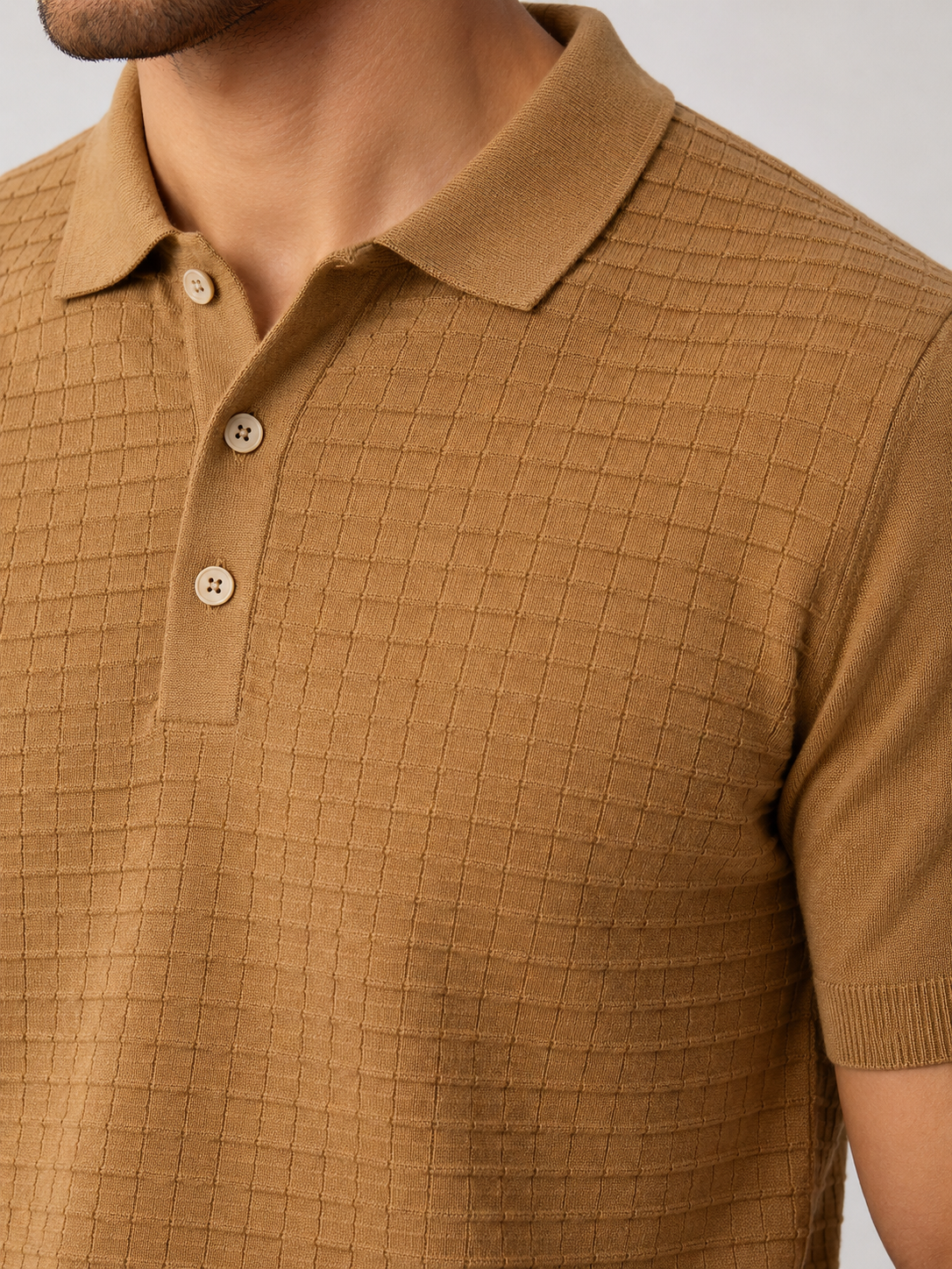 GRID Knit Polo in Camel — detail