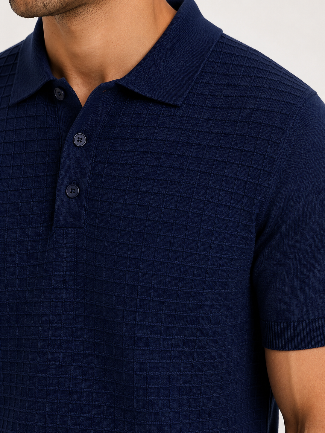 GRID Knit Polo in Navy — detail