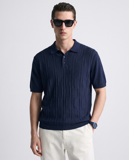VANE Knit Polo in Navy — on model