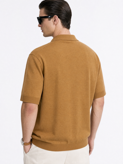VANE Knit Polo in Camel — back