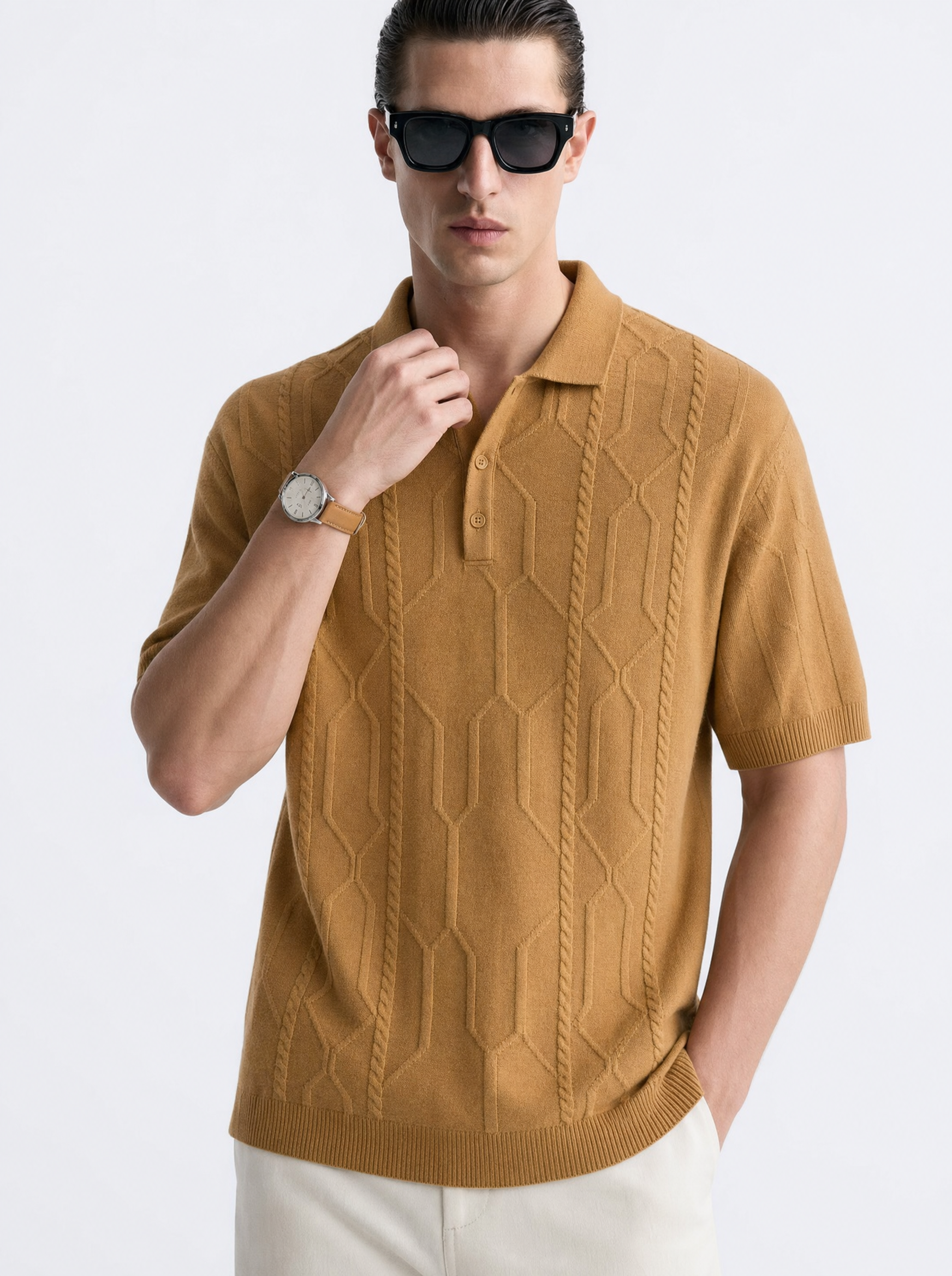 VANE Knit Polo in Camel — on model