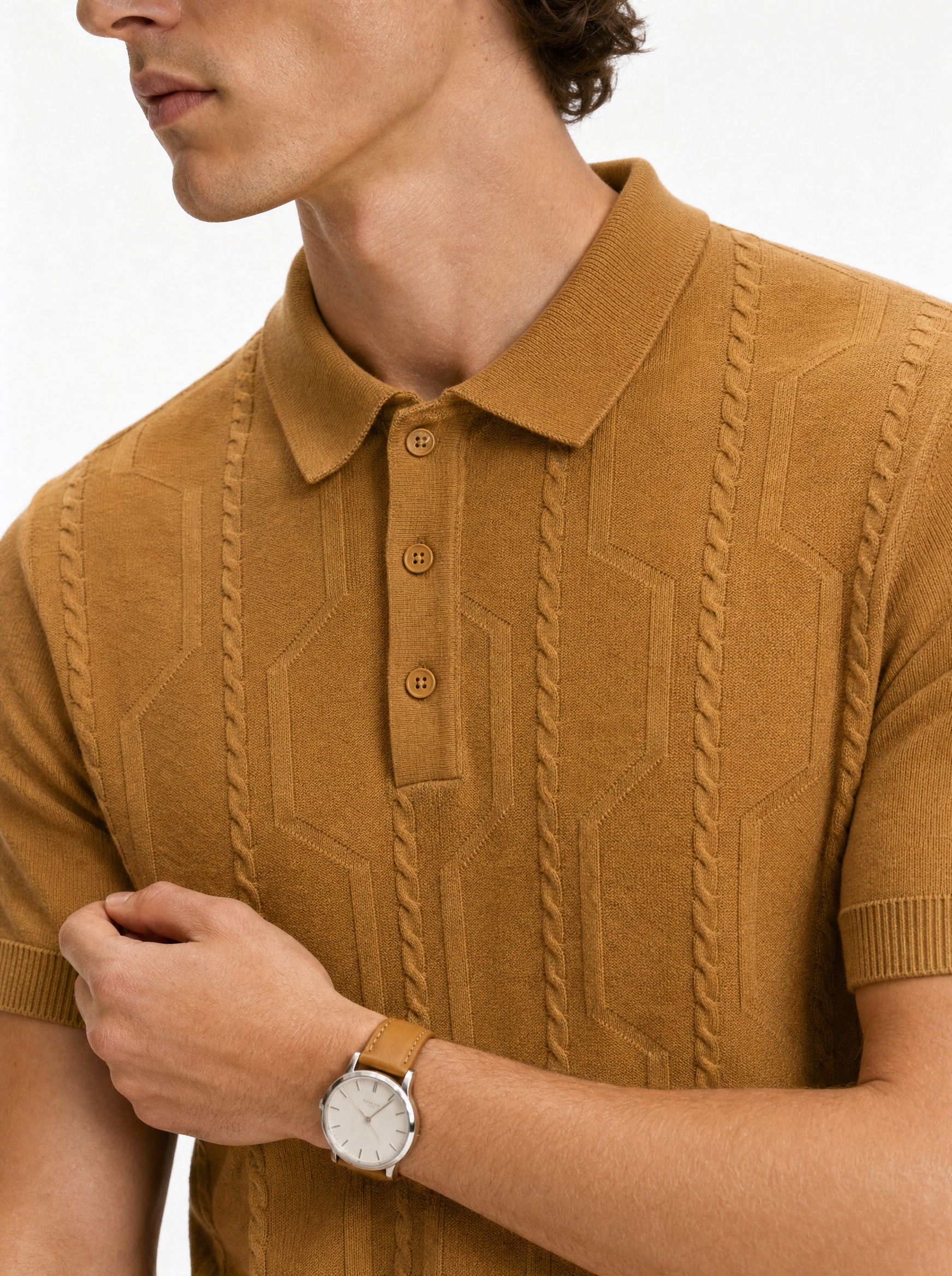 VANE Knit Polo in Camel — detail