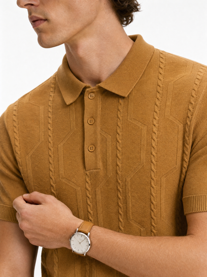 VANE Knit Polo in Camel — detail