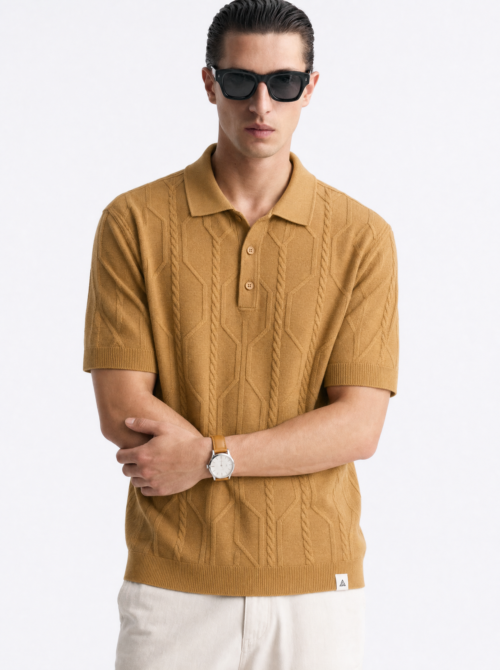VANE Knit Polo in Camel — on model