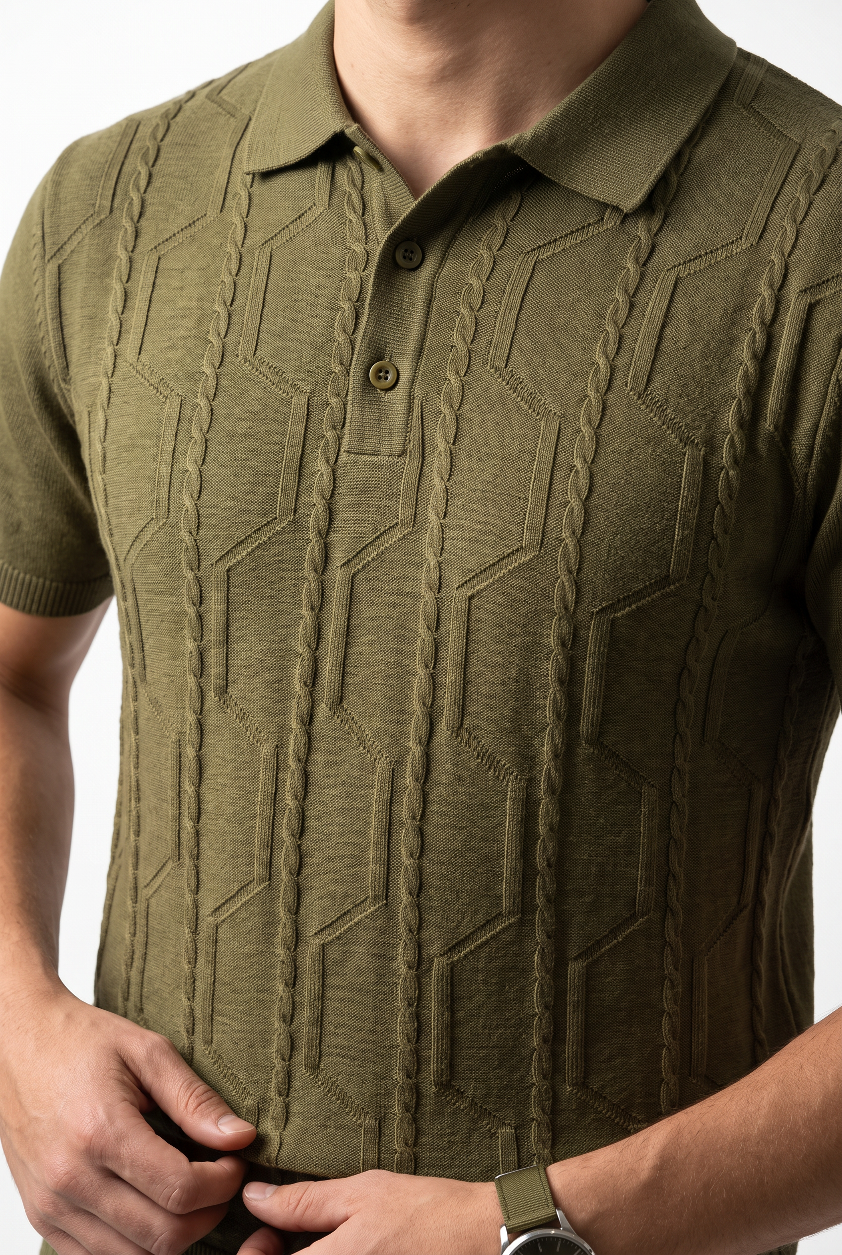 VANE Knit Polo in Olive — detail