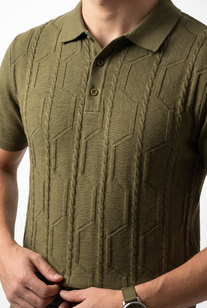 VANE Knit Polo in Olive — detail